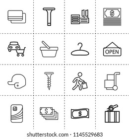 Set of 16 store outline icons such as screw, car shop, cargo, money, shopping bucket, credit card, dollar money, open, supermarket, baseball cap, packaging, hanger