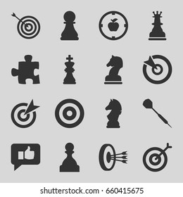 Set of 16 strategy filled icons such as target, dart, chess king, chess horse, thumb up, apple target, pawn