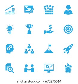 Set Of 16 Strategy Icons Set.Collection Of Startup Building, Rocket, Call Center And Other Elements.
