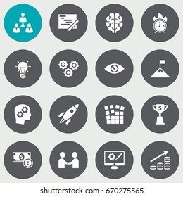 Set Of 16 Strategy Icons Set.Collection Of Writing, Bulb, Meeting And Other Elements.