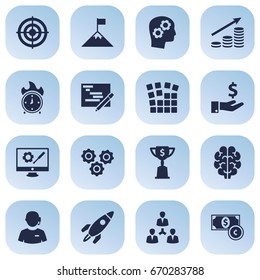 Set Of 16 Strategy Icons Set.Collection Of Startup Building, Achievement, Intelligence And Other Elements.