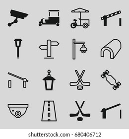 Set of 16 street filled and outline icons such as fast food cart, street lamp, barrier, road barrier, security camera, hockey, tunnel, road, direction