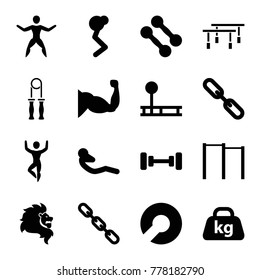Set of 16 strength filled icons such as barbell, dumbbell, horizontal bar, fintess equipment, man doing exercises, muscle, abdoninal workout, chain, weight, lion