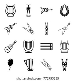 Set Of 16 String Outline Icons Such As Balloon, Cloth Pin, Guitar, Harp, Guitar Strings, Garland