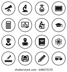 Set Of 16 Studies Icons Set.Collection Of Pencil, Calculate, Rucksack And Other Elements.