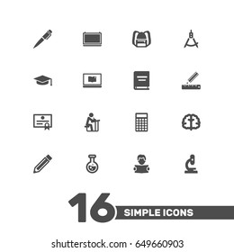 Set Of 16 Studies Icons Set.Collection Of Flask, Certificate, Ink And Other Elements.