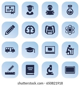 Set Of 16 Studies Icons Set.Collection Of Flask, Certificate, Molecule And Other Elements.