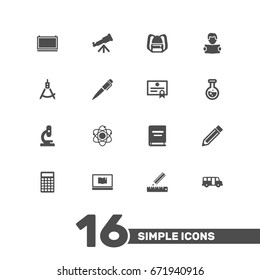 Set Of 16 Studies Icons Set.Collection Of Rucksack, Magnet Navigator, Calculate And Other Elements.