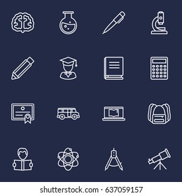 Set Of 16 Studies Outline Icons Set.Collection Of Diploma, Calculator, Telescope And Other Elements.