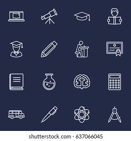 Set Of 16 Studies Outline Icons Set.Collection Of Laptop, Diploma, Atom And Other Elements.