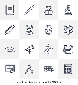 Set Of 16 Studies Outline Icons Set.Collection Of Pencil, Calculator, Pen And Other Elements.