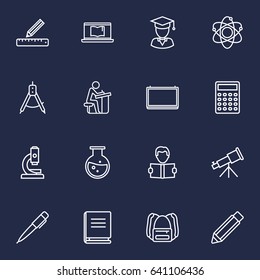 Set Of 16 Studies Outline Icons Set.Collection Of Calculator, Learning, Ruler And Other Elements.