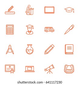 Set Of 16 Studies Outline Icons Set.Collection Of Pupil, Compass, Test Tube And Other Elements.