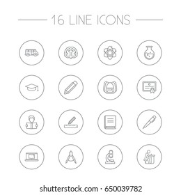 Set Of 16 Studies Outline Icons Set.Collection Of Microscope, Learning, Pupil And Other Elements.