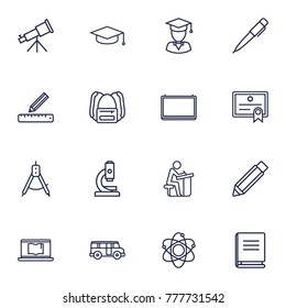 Set Of 16 Studies Outline Icons Set.Collection Of Backpack, Bus, Graduation Cap And Other Elements.
