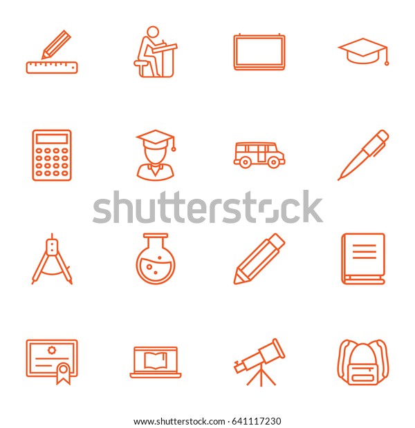 Set Of 16 Studies Outline Icons\
Set.Collection Of Pupil, Compass, Test Tube And Other\
Elements.