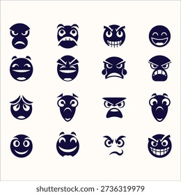 A set of 16 stylized, dark blue emoji icons displaying a range of emotions like anger, joy, shock, and disbelief, perfect for digital communication.
