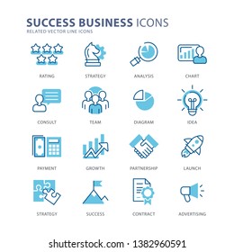 Set of 16 success business line icons. Rating, strategy, analysis, chart, consult, team, diagram, idea, payment, growth, partnership, launch, contract, advertising. Vector icons EPS 10.