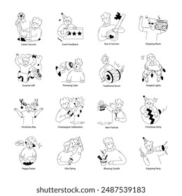 Set of 16 Success and Celebration Doodle Mini Illustrations 

