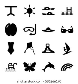 Set of 16 summer filled icons such as peach, butterfly, sun, slippers, swimsuit, woman hat, table, pool, waterslide, sunglasses, pool ladder, aqualung
