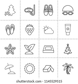 Set of 16 summer outline icons such as sprouting, sun, strawberry, swimming pool, palm, christmas tree, flip flops, tent, starfish, scuba, swimming cap and glasses