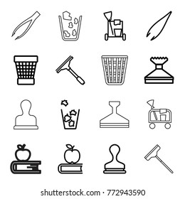 Set of 16 supplies outline icons such as tweezers, window squeegee, cleaning tools, stamp, trash bin