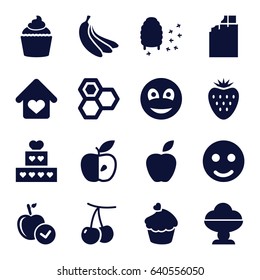 set of 16 sweet filled icons such as cherry, honey, apple, muffin, honeycomb, smiley, love home, banana, strawberry, ice cream, chocolate, smile