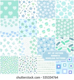 Set of 16 sweet mint green seamless patterns. Collection of vector backgrounds with abstract elements. Ideal for baby shower, mother's day, valentine's day, invitations, wedding design.