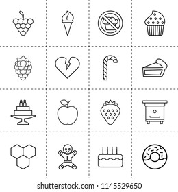 Set of 16 sweet outline icons such as berry, honeycombs, grapes, apple, strawberry, hive, broken heart, cake, piece of cake, ice cream, gingerbread, candy cane, diet