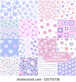 Set of 16 sweet romantic seamless patterns in pastel colors. Collection of vector backgrounds with abstract elements. Ideal for baby shower, mother's day, valentine's day, invitations, wedding design.