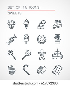 Set of 16 sweets icons. Entertainment and food pack. Outline symbol collection. Easy to place on your picture. Mono linear pictograms. Vector illustration. EPS 10.