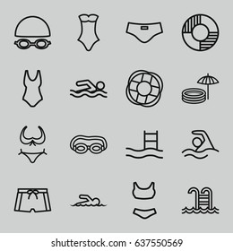 set of 16 swim outline icons such as bikini, swimsuit, swimming pool, lifebuoy, swimmer, inflatable pool and umbrella, man swim 