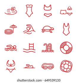 set of 16 swim outline icons such as turtle, bikini, pool, swimsuit, swimming pool, lifebuoy, swimmer,