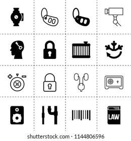 Set of 16 system filled and outline icons such as car alarm key, car radiator, air conditioning, speaker, pump, pipe, law book, key in head, barcode, lock, wheel balance