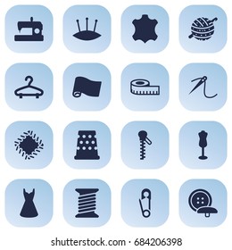 Set Of 16 Tailor Icons Set.Collection Of Pintle, Fastener, Evening Gown And Other Elements.