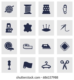 Set Of 16 Tailor Icons Set.Collection Of Clothier, Pins, Meter And Other Elements.