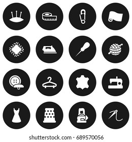 Set Of 16 Tailor Icons Set.Collection Of Seamstress, Eyelet, Machine And Other Elements.