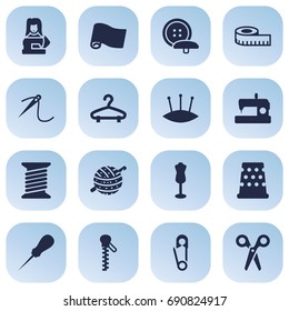 Set Of 16 Tailor Icons Set.Collection Of Tailor, Machine, Pintle And Other Elements.