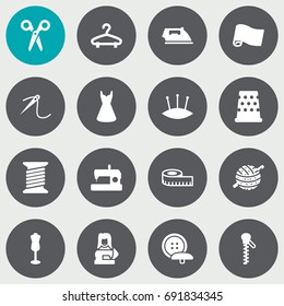 Set Of 16 Tailor Icons Set.Collection Of Roll, Clothier, Spool And Other Elements.