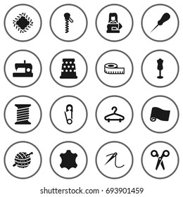 Set Of 16 Tailor Icons Set.Collection Of Machine, Bodkin, Embroidered And Other Elements.