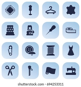 Set Of 16 Tailor Icons Set.Collection Of Embroidered, Seamstress, Clothier And Other Elements.