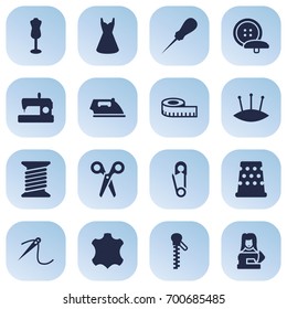 Set Of 16 Tailor Icons Set.Collection Of Machine, Bodkin, Mannequin And Other Elements.