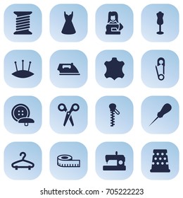 Set Of 16 Tailor Icons Set.Collection Of Spool, Skin, Fastener And Other Elements.