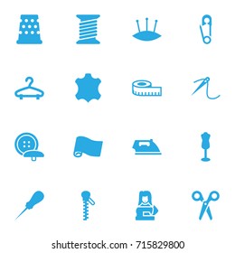 Set Of 16 Tailor Icons Set.Collection Of Fastener, Pins, Flatiron And Other Elements.