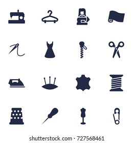 Set Of 16 Tailor Icons Set.Collection Of Pintle, Mannequin, Flatiron And Other Elements.