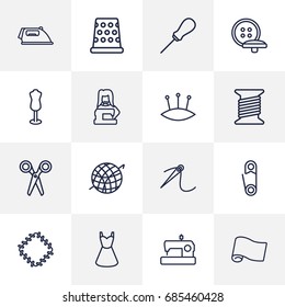 Set Of 16 Tailor Outline Icons Set.Collection Of Buttons, Patch, Needle And Other Elements.