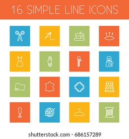 Set Of 16 Tailor Outline Icons Set.Collection Of Needle, Hanger, Fabric And Other Elements.