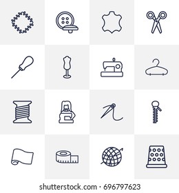 Set Of 16 Tailor Outline Icons Set.Collection Of Bobbin, Measuring Tape, Needle And Other Elements.