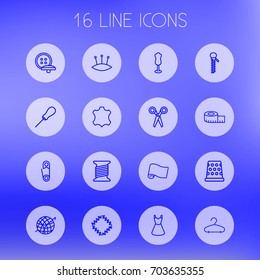 Set Of 16 Tailor Outline Icons Set.Collection Of Measuring Tape, Hanger, Dress And Other Elements.