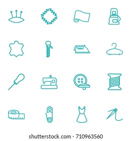 Set Of 16 Tailor Outline Icons Set.Collection Of Zipper, Sewing, Patch And Other Elements.